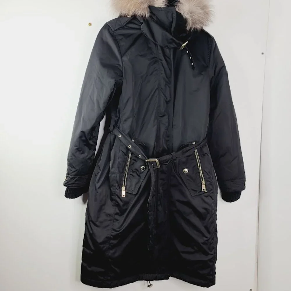 Burberry Women's Black Faux Fur Hoodie Winter Snow‎ Trench Coat Size 4 - Picture 2 of 7